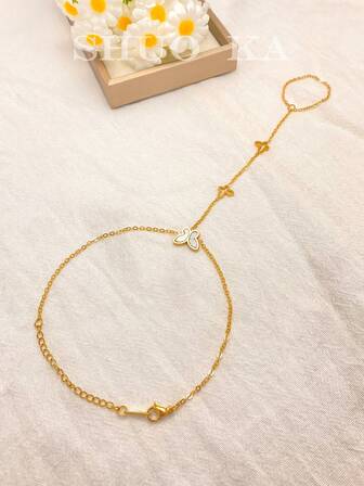 1pc Minimalist Women Stainless Steel Heart & Butterfly Finger Chain Bracelet (Hand-Cut, Beads Random)