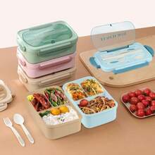 Classic - Adult Bento Box, All-In-One Stackable Lunch Box Container With 3 Compartments, Plastic Utensils, And Nylon Sealing Strap, Blue - 藍色 - 查看 5
