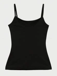 Slim Polyamide Thin Strap Tank Top With Lining - Black - View 8