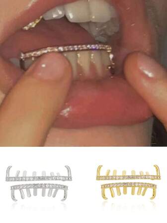1pc Fashionable Women's Crystal Teeth Grillz With Pointed Fang Design, Suitable For Party/Nightclub Wear