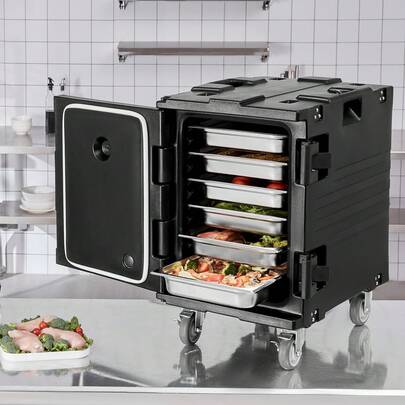 Insulated Food Pan Carrier, 95 Qt Hot Box For Catering, Food Box Carrier With Buckle, Front Loading Food Warmer With Handles, End Loader With Wheels For Restaurant, Canteen
