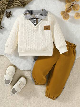 2 Stück Baby Jungen Lässiger Gentleman Karierter Patchwork Hemdkragen mit Besticktem Abzeichen 2 in 1 Langarm Sweatshirt und Karierter Patchwork Hose Set, Frühling/Herbst