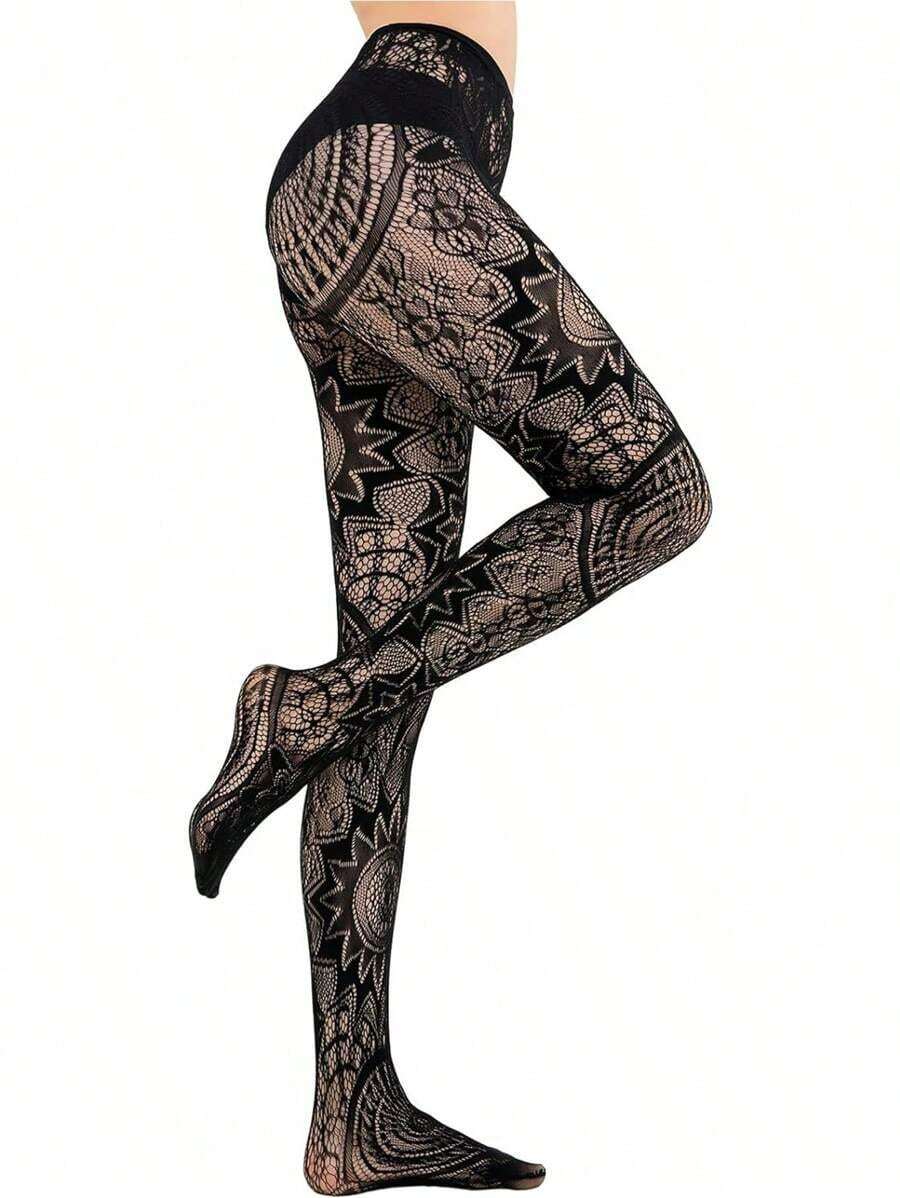 CLAGAINER 6pcs/3pcs/1pc 2024 New Fashion Girls' Fishing Net Stockings, Sexy Tattoo Lace Stockings, Jacquard Lace Cutout Pantyhose - màu đen - Xem 1