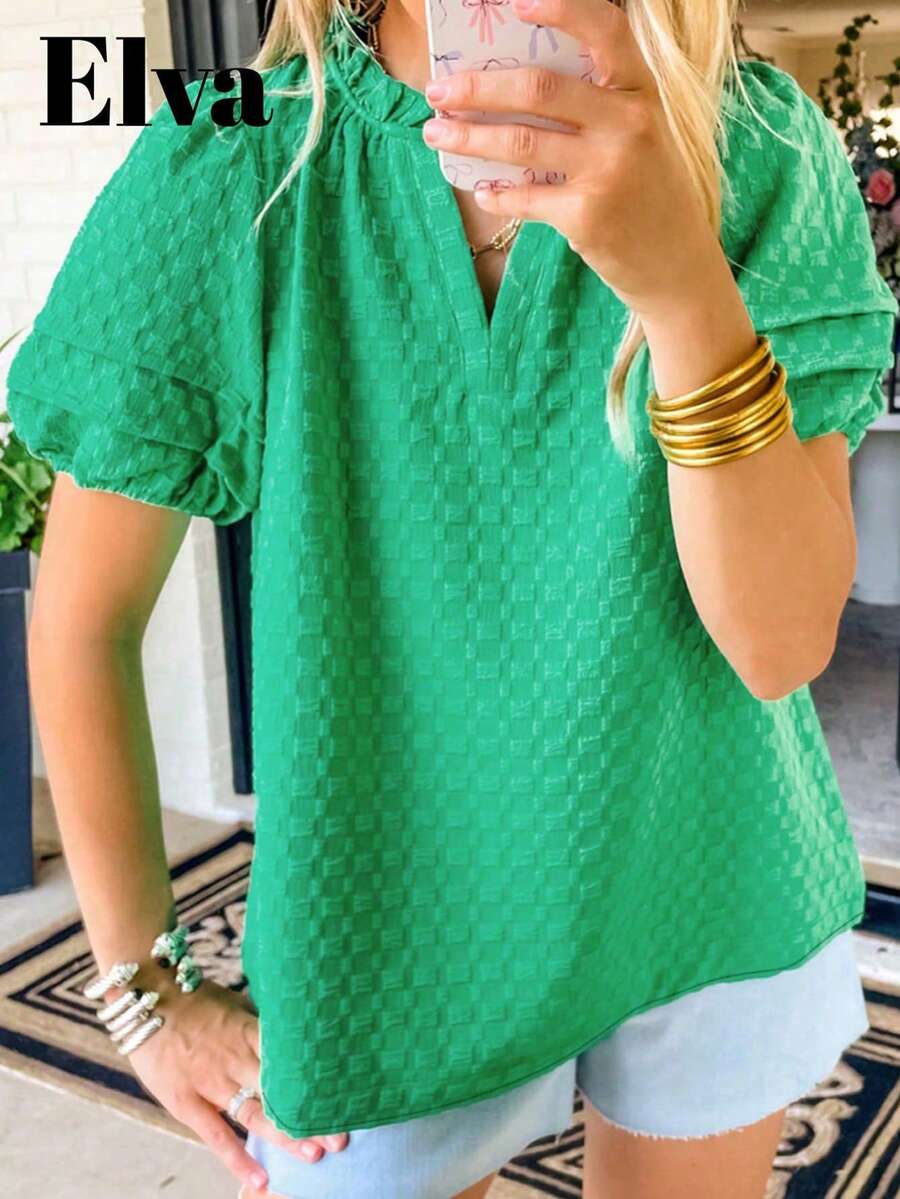 ELVA Damen Lässig Einfache Rückkehr zur Schule Kleidung Einfarbige Textur Kerbe Ausschnitt Puffärmel Bluse Rückkehr zur Schule Kleidung