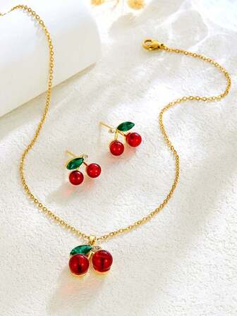 1 Set Cherry Earrings & Necklace, Women's Elegant Cherry & Green Leaf Earrings Jewelry Set