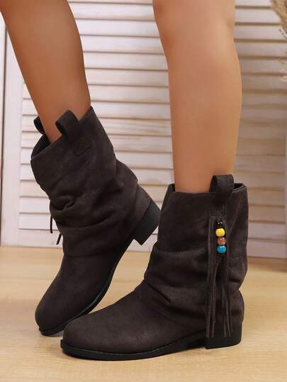 2025 Western Ruched Ankle Boots For Women, Autumn/Winter Vintage Cowboy Riding Boots With Buckle, Holiday Style