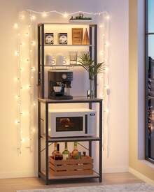 Kitchen Storage Rack, Coffee Bar, Baker's Rack, Total 6 Shelves And 6 Hooks, For Microwave, Steel Frame, Industrial, Greige And Black - 黑色 - 查看 2