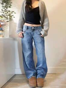 Women's Solid Color Casual Denim Straight Pants, Built-In Zipper, Durable & Non-Tight, Daily Multi-Scene Long Pants - Dark Wash - View 4