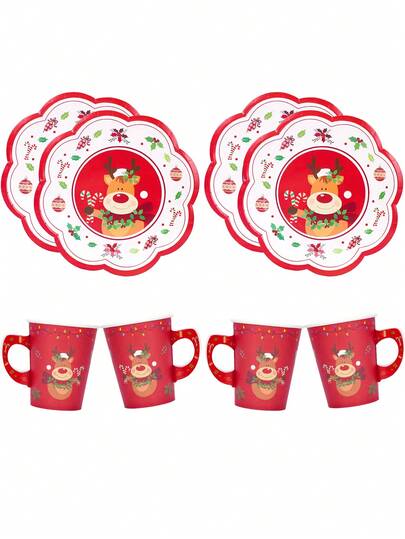 10 piezas/20 piezas/40 piezas Tazas y platillos de papel con diseño de renos para Navidad, incluye tazas de papel con asa, platos escalonados lindos para pasteles, postres y cenas, tazas para chocolate caliente navideño, juego de tazas y platitos de té para Navidad