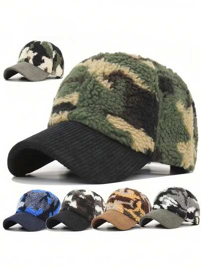 1pc Autumn/Winter Faux Fur Baseball Cap, Camouflage Snapback Hat, Warm Couple Cap, Curved Brim Solid Color Sun Hat, Suitable For Outdoor Sports And Holiday Gifts