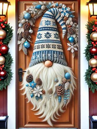 1 Pieza Gnomo navideño con sombrero multicolor y patrón de flores, Bandera colgante con forma de puerta de estilo encantador de poliéster con arreglo floral exquisito, pétalos vibrantes y detalles de barba de gnomo, reutilizable y ligero para el porche, decoración de entrada, ideal para la temporada navideña, reuniones familiares y creación de ambiente festivo