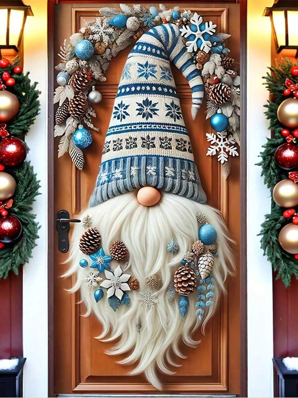 1 Pc Christmas Gnome With Multicolor Hat & Flowers Pattern 2D Door Banner, Charming Style Polyester Door - Shaped Hanging Flag With Exquisite Floral Arrangement, Vibrant Petals & Gnome Beard Details, Reusable & Lightweight For Porch, Entryway Decor, Ideal For Christmas Season, Family Gatherings & Holiday Ambiance Creation