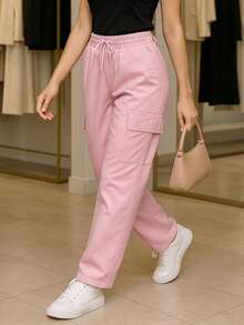 Pantalon Cargo Cargo Bolsillos Laterales Mujer Casual Color liso Ajuste Holgado Cintura Elástica Largo Primavera Verano Diario Pantalones - Rosa - Ver 1