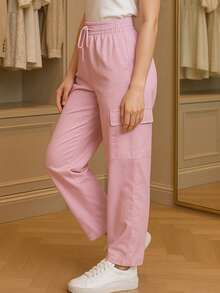 Pantalon Cargo Cargo Bolsillos Laterales Mujer Casual Color liso Ajuste Holgado Cintura Elástica Largo Primavera Verano Diario Pantalones - Rosa - Ver 6