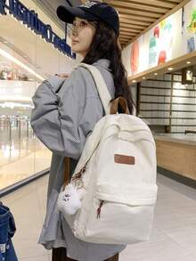 Minimalist Large Capacity Backpack For Women, Solid Color, Functional Corduroy Backpack With Letter Patch, Large Capacity, Lightweight And Portable, Perfect For Teens, Women, Students - Apricot - View 6