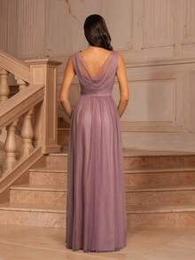 MOEVIO 女式性感 V 领网纱裹身褶饰露背 A 字开叉大腿长款优雅正式伴娘婚礼宾客返校舞会晚会礼服秋冬毕业返校节万圣节圣诞节新年春节服装 - 淺灰紫 - 查看 2