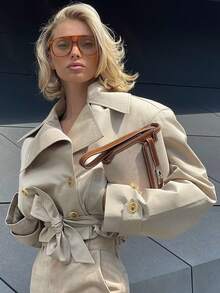 Chaqueta de mujer de primavera y otoño con cuello de solapa, manga larga, un solo botón y cinturón, estilo de calle - Caqui - Ver 2