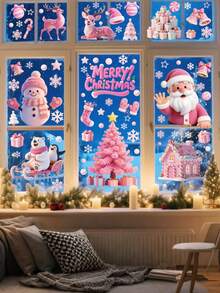 一套4张粉色圣诞静态窗贴，共53种图案，包含粉色圣诞老人、雪花、铃铛、房屋、糖果等图案，可自由搭配DIY。适用于圣诞主题的窗户和玻璃贴。 - 彩色 - 查看 8