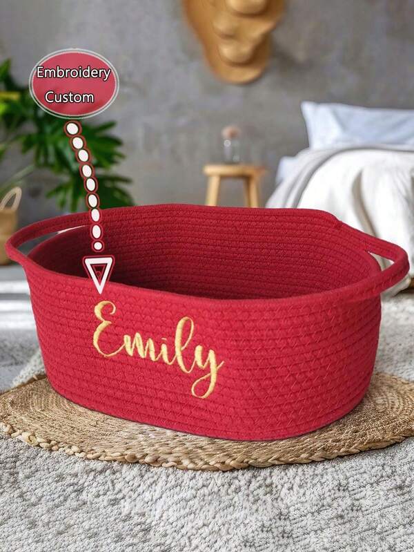 Customized Embroidered Foldable Handwoven Storage Basket, Personalized With Name/Logo, Suitable For Cosmetics, Toys, Pet Supplies, Remote Control, Bedroom, Living Room, Valentine's Day Gift, Personalized