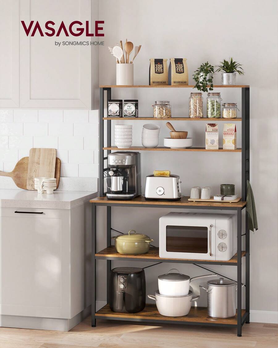 Kitchen Storage Rack, Coffee Bar, Baker's Rack, Total 6 Shelves And 6 Hooks, For Microwave, Steel Frame, Industrial, 40 X 100 X 167 Cm, Rustic Brown And Black/Oak Colour And White - Rust Brown - View 1