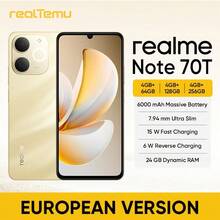 Realme Note 70T 智能手机，全球版，4+256GB/4+128GB 存储，6000mAh 大电池，4G 网络，15W 快充，6W 反向充电，24GB 动态内存，90Hz 爱眼显示屏，300% 超级音量 AI 相机 - 金色（不含充电器） - 金色 - 查看 10