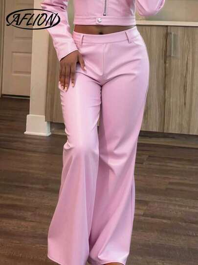 Pantalones de piel sintética de cintura alta y pierna recta holgados para mujer, pantalones casuales retro elegantes para salidas, citas, compras, té de la tarde, clubes, conciertos, fiestas, atuendos de Año Nuevo