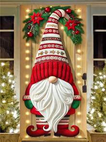 1 Stück Rotkäppchen-Zwerg mit Poinsettia-Kranz-Muster Weihnachts-Türverkleidung, festlicher Polyester Tür-förmiger Hängedekoration mit leuchtend roten Ornamenten, grünem Blattwerk und Lichterketten-Details, waschbar für Innen- und Außenbereich, perfekt als Weihnachts-Türdekoration und Akzent für Weihnachtsfeierlichkeiten, winterliche Festveranstaltungen