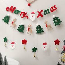 1 set de bannière décorative en feutre rouge et vert, décoration murale pour fête de Noël, ornements en pompon représentant le Père Noël, le sapin de Noël, le renne, le bonhomme de neige - Multicolore - Voir 2
