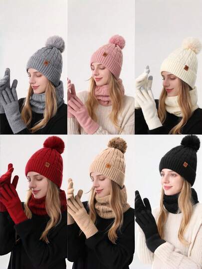 3pcs Women's Hat, Scarf And Gloves Set, Outdoor Cycling And Hiking Outfit