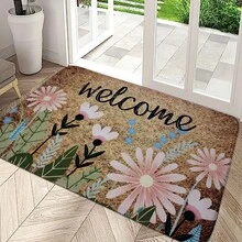 1PC Flannel Floor Spring Daisy Welcome Letter Pattern Decorative Doormat Non-Slip Floor Home Bathroom Indoor Entrance Door Kitchen Living Room Bedroom Front Door Decoration Mats Multiple Styles And Sizes - 黑色 - 查看 2