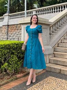 Women's Midi Dress, Casual, Elegant, Cotton, Daily - Teal Blue - View 8