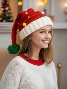 成人和儿童圣诞帽，红色针织帽配绒球，男女通用圣诞节节日帽，适合成人和儿童圣诞派对 - 彩色 - 查看 2
