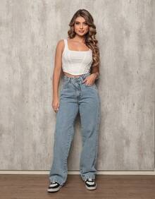 Calça Pantalona Jeans Wide Leg Feminina Cintura Alta Tecido Grosso Elegante Confortável Vintage 100% Jeans Algodão