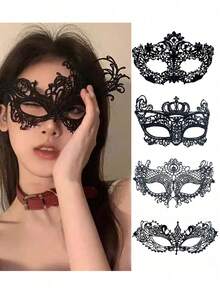 4 件蕾丝面罩，性感黑色蕾丝刺绣眼罩，角色扮演道具面罩，适合万圣节化妆舞会 - 彩色 - 查看 7
