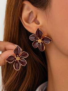 2 chiếc khuyên tai nữ sang trọng, cao cấp, cá nhân hóa, hoa tai thả 5 cánh màu đỏ, thích hợp đeo hàng ngày, tụ tập, tiệc tùng ngày lễ - Đỏ - Xem 4