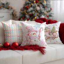 4pcs Christmas Plaid Snowman & Christmas Tree Decorative Pillow Cover Set, Single-Sided Printed Peach Velvet Polyester Material, 45*45CM Cushion Cover For Modern Fabric Sofa Indoor Decor, Party Decoration, Gift