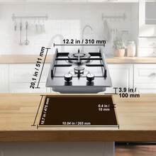 Cocina a gas   de 12 pulgadas, máx. 12250 BTU, 2 quemadores integrados de acero inoxidable, placa de gas natural convertible a GLP/GN con protección de termopar. - 12 pulgadas - Ver 10
