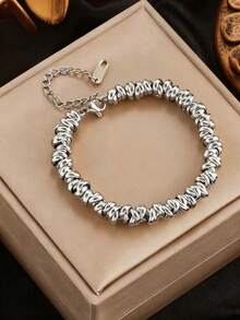 1 pieza Pulsera de acero inoxidable con cuentas de color dorado, adecuada para uso diario - Plateado - Ver 9