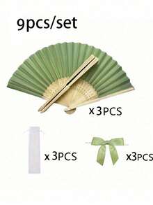 3-60pcs/Set Elegant Folding Hand Fan Set, Includes Bow Tie And Gift Bag, Bride's Bamboo Handheld Fan, Suitable As Bridesmaid Gift And Wedding Decor, Perfect For Parties, Events, And Summer Accessory - Army Green - View 16