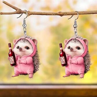 1 Pair 2D Acrylic Pink Hedgehog Holding Wine Glass Cute Cartoon Earrings, Suitable For Women's Daily Wear, Perfect Gift