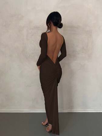 Robe femme de couleur unie, dos nu, froncée, ajustée, à manches longues, sexy, élégante, pour fête, vacances, printemps, Saint-Valentin