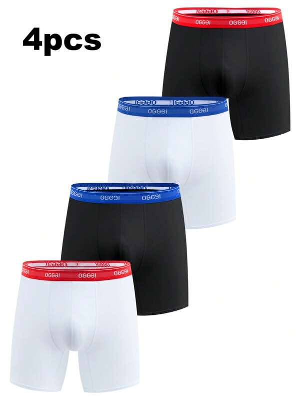 4pcs Men's Long Boxer Briefs Contrast Belt Skin-To-Skin Breathable Briefs Combination
