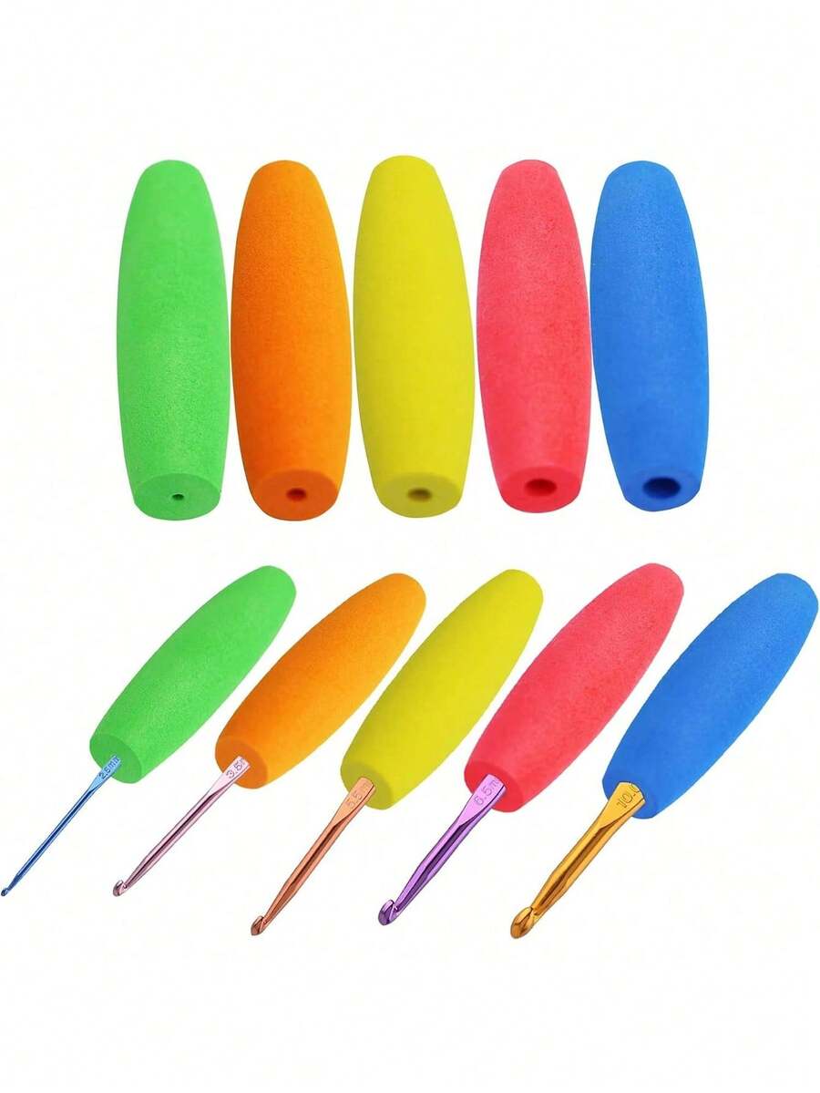 Set de 5 piezas de kit de mangos con agarre ergonómico, ganchos de 2mm a 10mm con agarres cómodos, colores surtidos (rojo, morado)