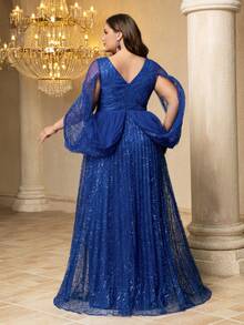 UNITHORSE Plus Women's [Random Print] Elegant Deep V Neck Cape Sleeve Sequin Contrast Mesh Fabric Pleated Slim-Fitting Maxi Evening Dress