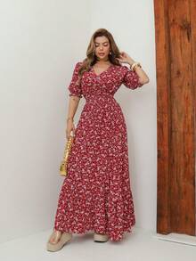 A&DD MODA, REF: 165 Women's Short-Sleeved Floral Dress With Pleated Elastic And A Ruffled Hem. Brazilian Ribbed Style, Ideal For Dances, Conferences, And Formal Events. The Dress Is Fitted To The Body And Made Of Smooth Fabric. - 酒紅色 - View 6