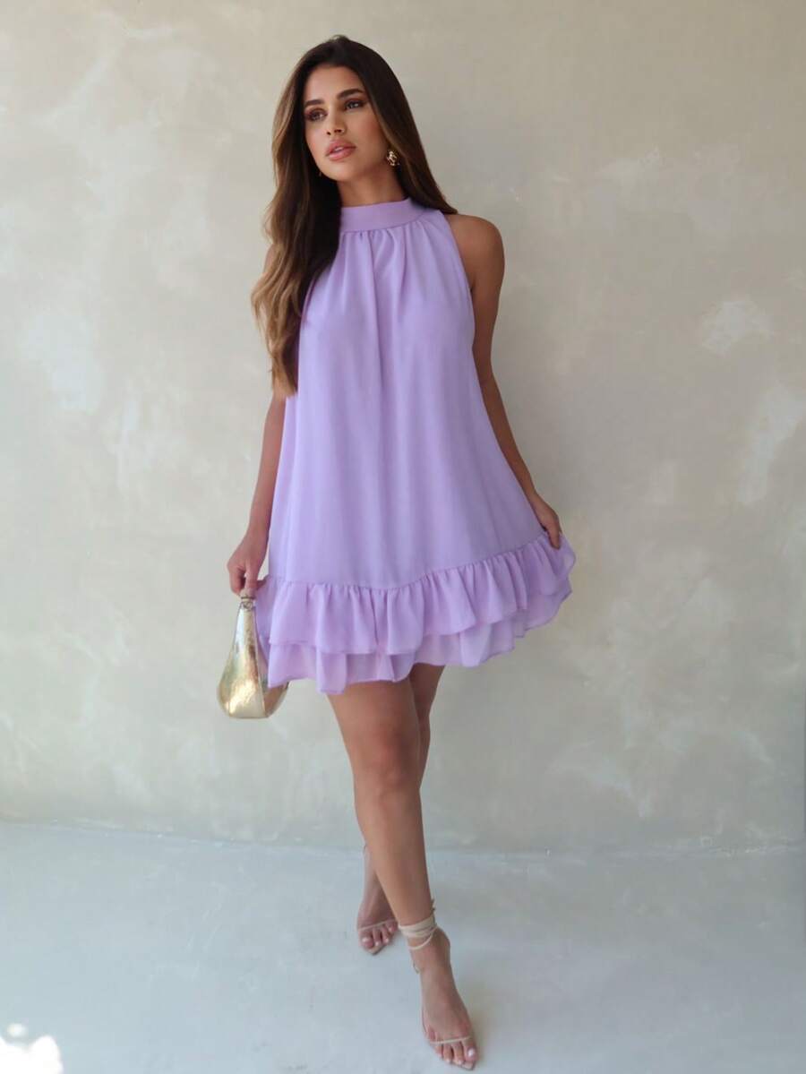 Elegant, Comfortable, Loose, Ruffle Hem, Tiered, Formal, Romantic, Women's Fashion, No Pads, Knee-Length - Màu Lilac Tím - Xem 1