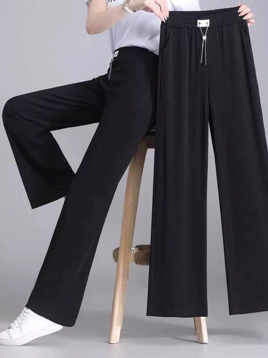 Pantalones anchos de cintura alta para mujer, de seda de hielo, con drapeado de cadena de corazón y etiqueta R, pantalones casuales holgados y ajustados. - Negro - Ver 1