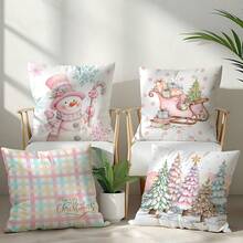 4pcs Christmas Plaid Snowman & Christmas Tree Decorative Pillow Cover Set, Single-Sided Printed Peach Velvet Polyester Material, 45*45CM Cushion Cover For Modern Fabric Sofa Indoor Decor, Party Decoration, Gift