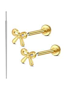 2 件套无螺纹平底锥形耳环耳钉，不锈钢按入式鼻钉环，各种款式 CZ 耳屏软骨海螺鼻穿孔饰品防过敏耳洞女款 20G - Golden and Silvery - 查看 9