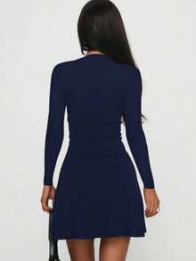 Sexy & Fashionable Ruched V-Neck A-Line Long Sleeve Mini Dress, New Arrival For Autumn - Blue - View 4